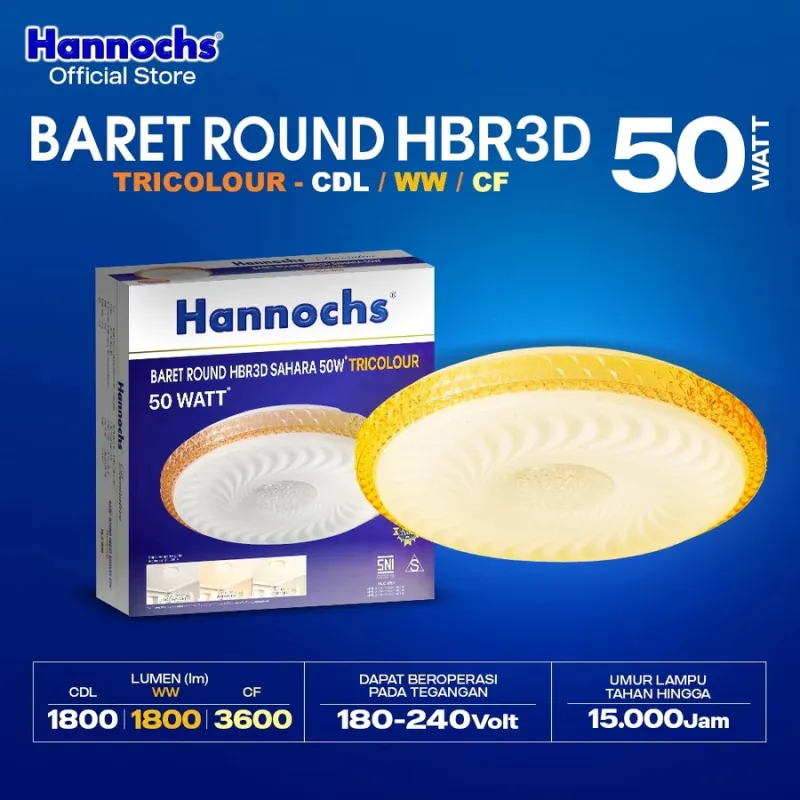 HANNOCHS Lampu Downlight LED Baret Round HBR3D 50W Original Cahaya Putih/Tricolor Model Sahara