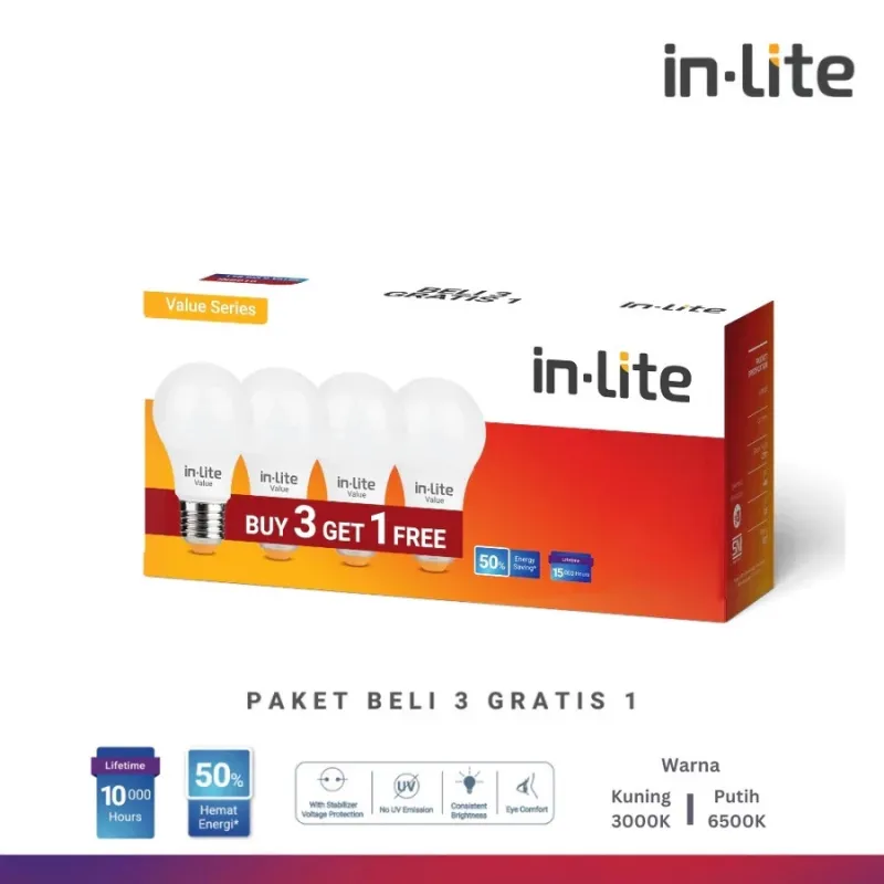 Lampu Bohlam Lampu in-Lite LED INB010 Paket Murah Value Beli 3 Gratis 1 3000K 6500K FItting E27 Hemat Energi Tahan Lama