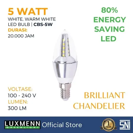 Luxmenn Lampu LED Candle Chandelier Silver 5w Lebih Terang 3000K Warm White E14 LUX-CBS