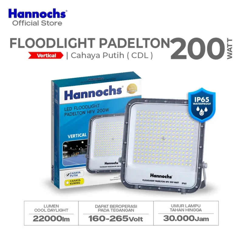 Hannochs Lampu Sorot LED Flood Light Padelton HFV 50W 100W 150W 200W IP65 Cahaya Putih Model Vertical Clear