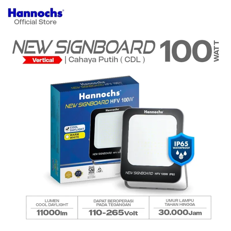 Hannochs Lampu Sorot LED Flood Light HFV 10W - 100W Cahaya Putih IP65 Signboard Outdoor Model Vertikal